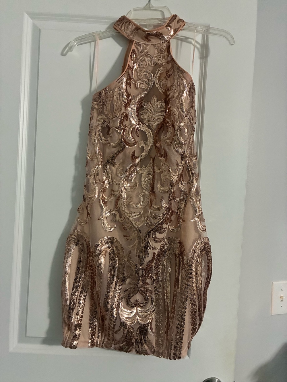 Xtaren Rose Gold Sequin Halter Mini Dress